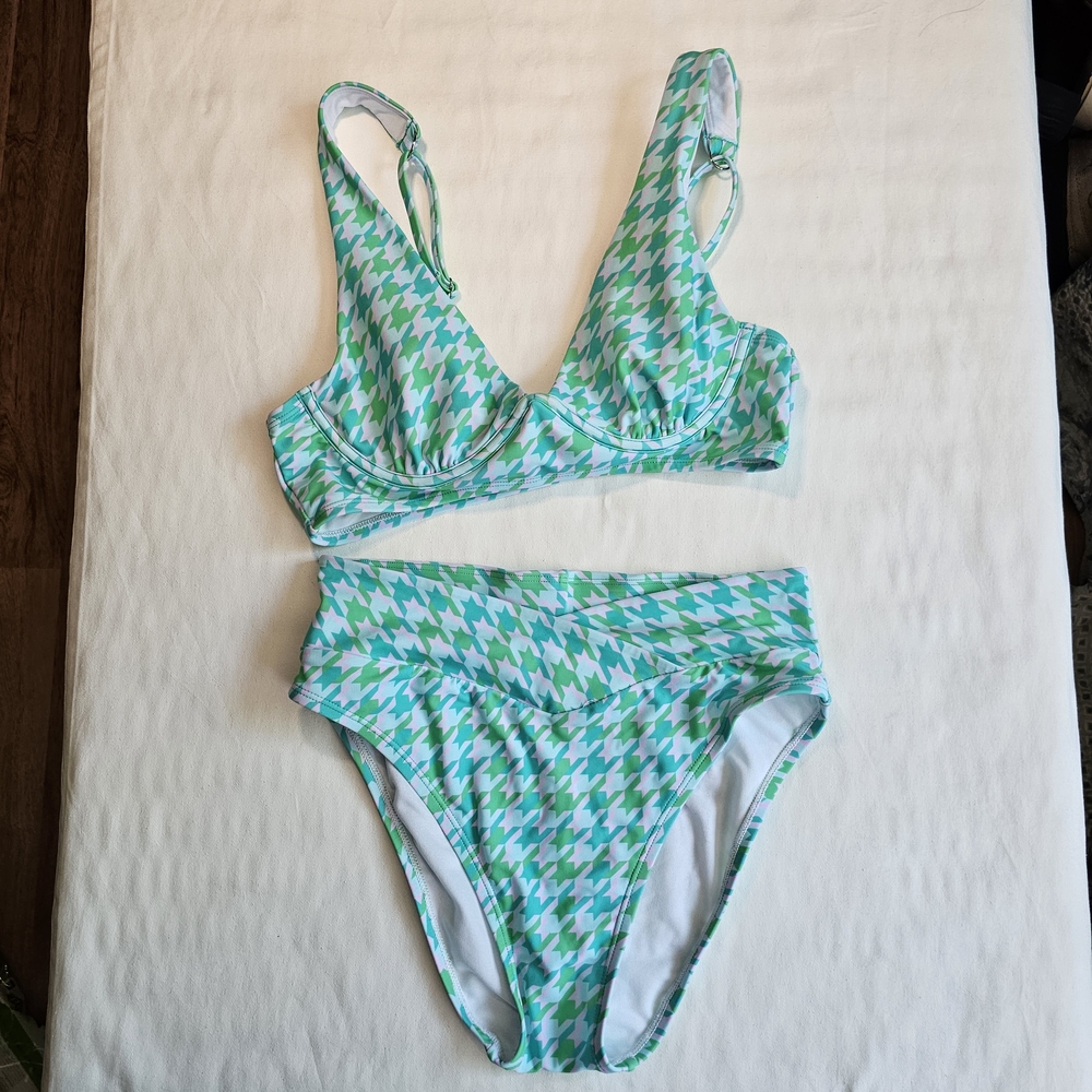 Nine West Green and White Houndstooth Bikini